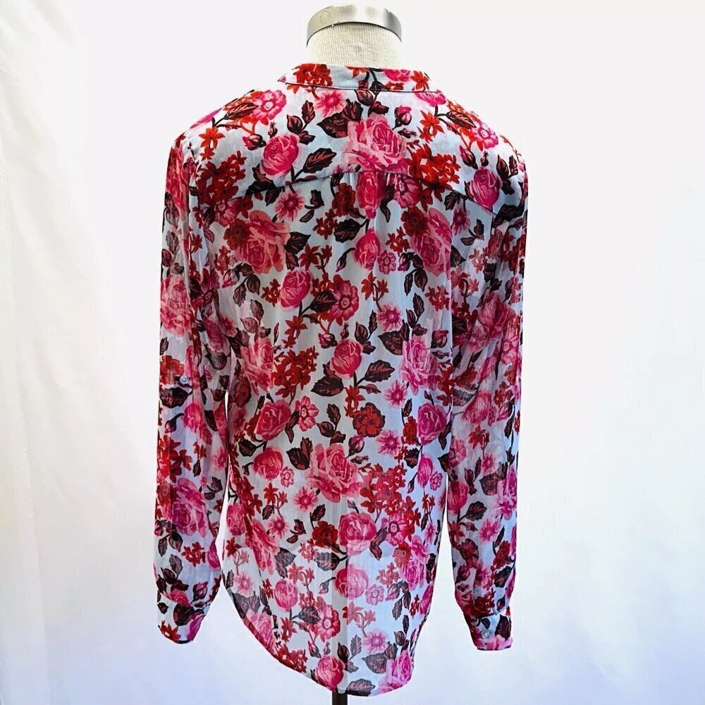 KUT from the Kloth Women Long Sleeve Button Down Pink Floral Sheer Roll Tab Sz M - Picture 10 of 12